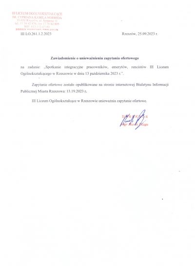 Zawiadomienie o uniweważnieniu zapytania ofertowego